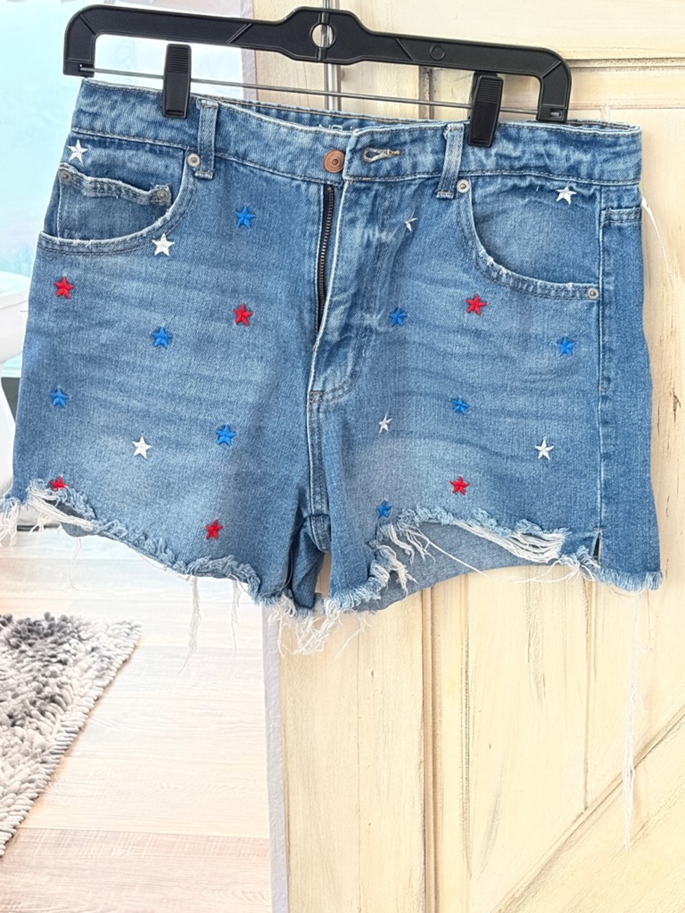 No Boundaries Blue Jean Shorts with Red, White & Blue Star Embroidery